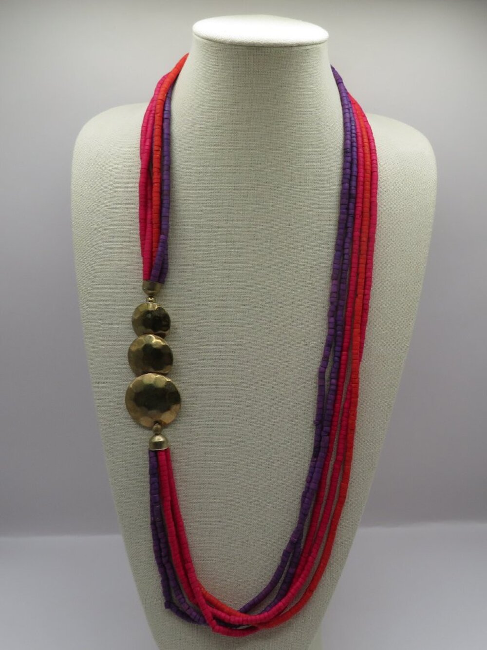 Vintage Dyed Bone Multi Strand Brass Disc Accent Necklace